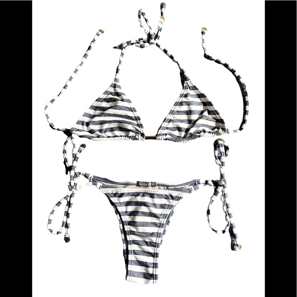 Blue and off-white striped Brazilian bikini